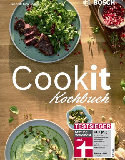 Cover des neuen Cookit Kochbuch mit Siftung Warentest Siegel und Speisen im Hintergrund. 