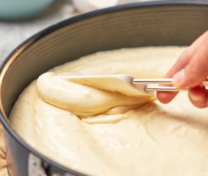 Wasserbiskuit wird in einer Springform verstrichen.