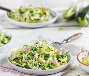 Zucchini-Spiralnudeln mit Schinken-Sahne-Soße