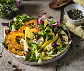 Gebratene Kürbisscheiben auf buntem Herbstsalat.
