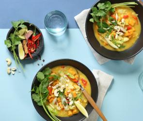 Gelbes Curry in zwei Schalen mit Koriander und Cashewkernen.