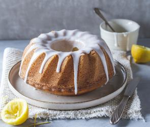 Kuchen in einer Gugelhupfform mit Puderzucker bestäubt.