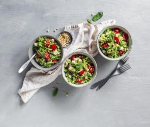 Bunter Rohkostsalat mit Gurke Sellerie und Minze in drei Schüsseln