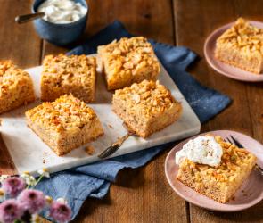 Apfelkuchen vom Blech in Stücken auf Servierplatte und Teller