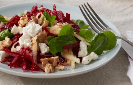 Rote-Bete-Apfel-Salat auf einem Teller angerichtet.