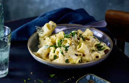 Pasta mit cremiger heller Sauce und Gemüse in einer Schale.