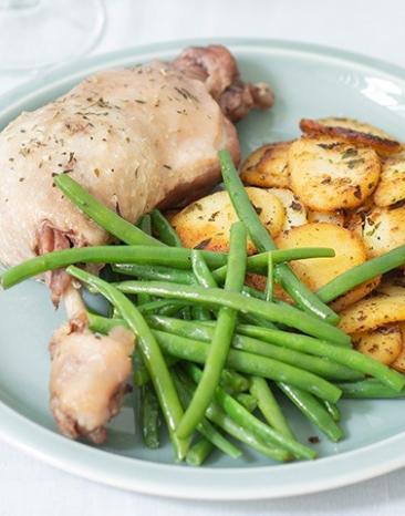 Enten-Confit mit Bratkartoffeln und Bohnen auf einem Teller.