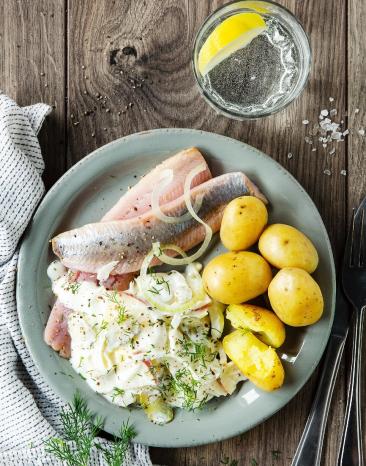 Matjes Hausfrauenart mit Pellkartoffeln auf Teller Matjes Hausfrauenart mit Pellkartoffeln auf Teller