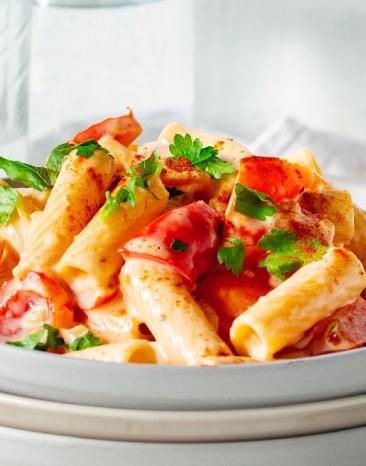 Nudeln mit Sauce und Petersilie auf drei tiefen Tellern