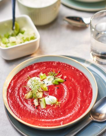 Rote-Bete-Suppe auf einem Teller angerichtet mit Gemüsetopping. Rote-Bete-Suppe auf einem Teller angerichtet mit Gemüsetopping.