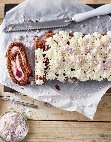 Schoko-Biskuitrolle mit Roter Grütze Schoko-Biskuitrolle mit Roter Grütze