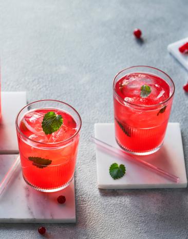 Johannisbeer-Limonade in Gläsern mit Minze dekoriert.