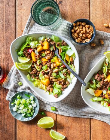 Thailändischer Hackfleischsalatmit vielen frischen Zutaten in zwei Schüsseln.