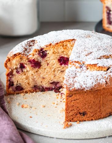 Saftiger Heidel- oder Blaubeerkuchen mit Joghurt als Rührteig aus der Springform mit Puderzucker.