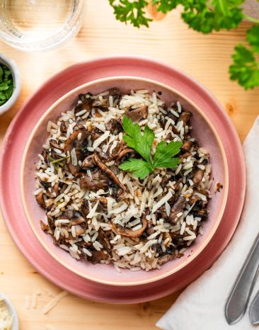 Champignons mit Reis in einer rosa Schüssel.