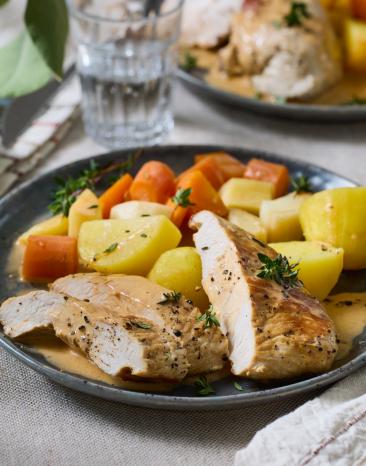 Putenfilet mit Wurzelgemüse und Schmandsauce