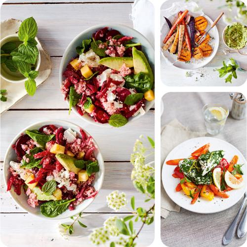 Quinoa-Bowl, gedämpftes Hähnchen und Wurzelgemüse auf drei Teller. 