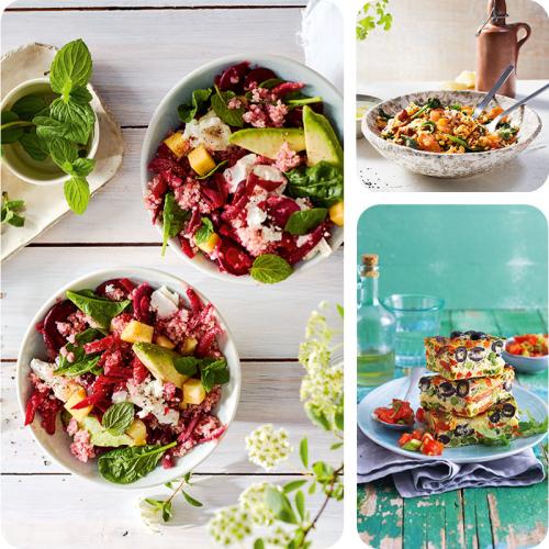 Leichte Rezepte: Frittata und zwei Salate in einer Kachelgraphik.