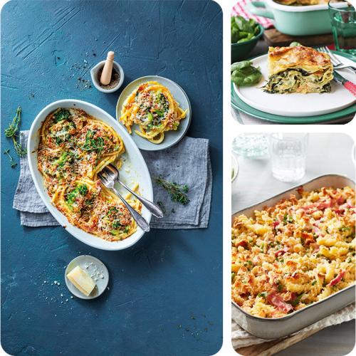 Nudelauflauf auf drei verschiedenen Bildern.