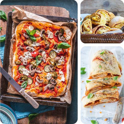 Gemüsepizza auf einem Blech, Pizzabrötchen und Pizzabrot