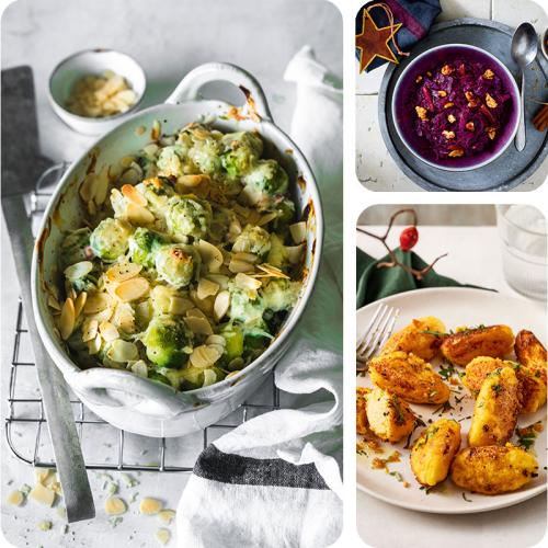 Weihnachtliche Beilagen: Rosenkohl, Rotkohl und Polenta Nocken auf drei Bildern