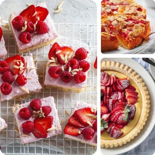 Kuchen mit Beeren auf drei Fotos, Blechkuchen mit Himbeeren, schneller Rührkuchen mit Johannisbeeren und einfacher Erdbeerkuchen