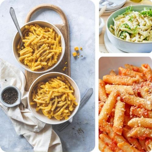 Einfache Nudelrezepte mit wenig Zutaten auf drei Bildern.