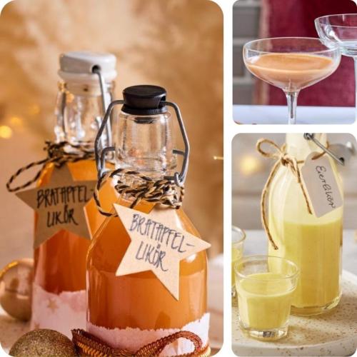 Weihnachtsliköre in Flaschen hübsch verpackt und Likör in einem tiefen Glas.