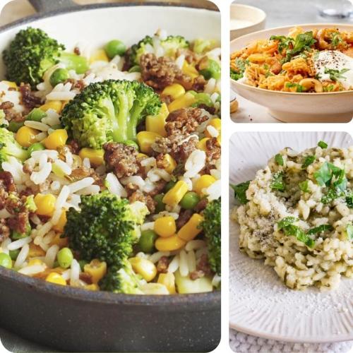 Reisgerichte mit Spinat, Brokkoli, Mais, Hackfleisch und Joghurt